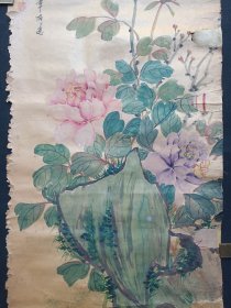 《花鸟画立轴（牡丹花图）》老国画/挂画/贴画1960年代（志明高怀礼作）1幅画