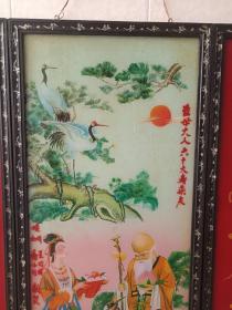 《麻姑献寿星松鹤图·黑漆点白彩木框手绘玻璃画》约1950-1960年代（老玻璃彩画·中堂挂画配红字对联“福如东海长流水、寿比南山不老松”）一套合售