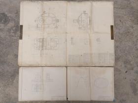 抚顺石油学院：机8102班《李若平（模型零件三视图、抛物线、椭圆、减数器）机械制图》铅笔绘画·底稿·原稿1981年2月13日/6月5日/9月25日绘（详情见内页）一批3张合售