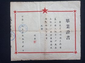 《巍山县添泽小学（学生：左开顺）毕业证书》1955年9月7日（校长钤印：范钟玉，印章：巍山县添泽小学）一张