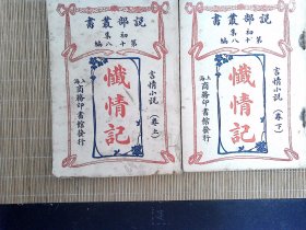 R27，极少见清末民国翻译小說， 商务印书馆民国2年说部丛书版： 言情小说 忏情记 二册上下卷全