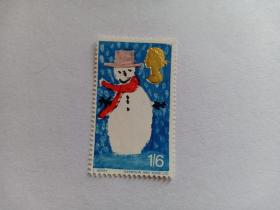 英国邮票 1´6Sh´P 1966年圣诞邮票 堆雪人 烫金女王头像 新票未使用