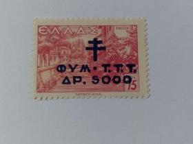 希腊邮政印花税票 希腊邮票 75Dr 1944年希腊景观 加盖改值“5000Dr”新票未使用
