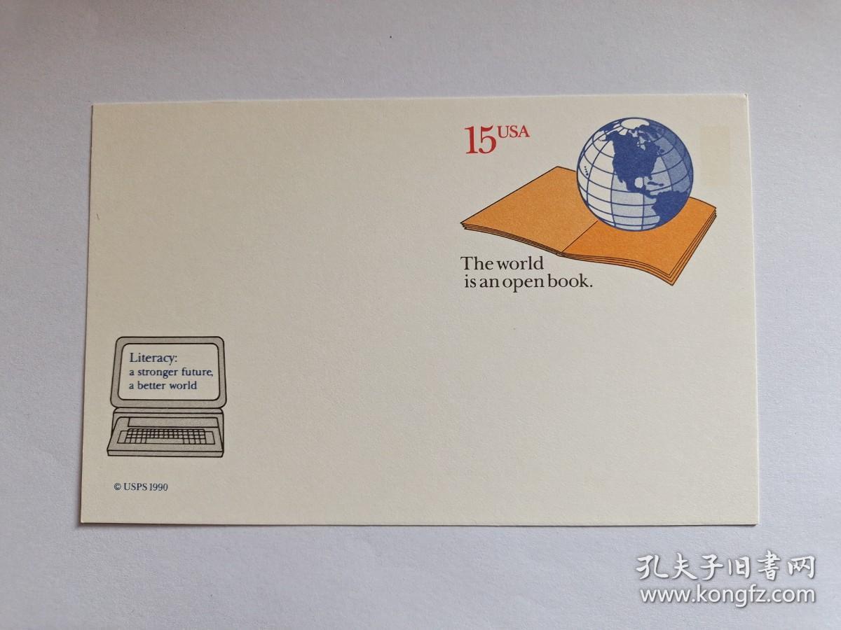 点击查看原图 美国邮资明信片 电脑 识字:一个更强大的未来,一个更美好的世界 印有15c世界是一本打开的书 书籍、地球 1990年发行 新品未使用 美国邮资片