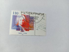 德国邮票 110Pfg 2000年德国作曲家约翰·塞巴斯蒂安·巴赫逝世250周年 "西方音乐之父" 巴赫 带边 约翰·塞巴斯蒂安·巴赫(1685年3月21日 ~1750年7月28日)，巴洛克时期德国作曲家、键盘演奏家 。代表作品有勃兰登堡协奏曲、马太受难曲、B小调弥撒曲等等
