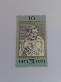 东德邮票 德国邮票 10Pfg 1971年德国最伟大的画家阿尔布雷希特·丢勒诞辰500周年 1500年的自画像 新票未使用 民主德国邮票 丢勒1471-1528，德国历史上最优秀的画家、版画家及木版画设计家，同时还是一位建筑师和艺术理论家。同时他还精通几何学、数学、宗教和占星术，还懂得当时被看做是“贵族语言”的拉丁语和意大利语。被誉为阿尔卑斯山以北北方画派的达芬奇