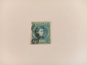 西班牙早期邮票 25c 1901年国王阿方索十三世 儿童像 背面带蓝色控制编号 西班牙邮票