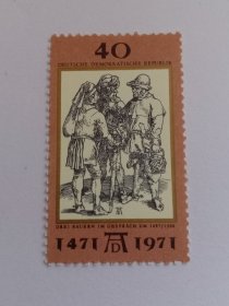 东德邮票 德国邮票 40Pfg 1971年德国最伟大的画家阿尔布雷希特·丢勒诞辰500周年 19世纪木刻版画《交谈中的三位农民》1497/1500 新票未使用 民主德国邮票 丢勒1471-1528德国历史上最优秀的画家、版画家及木版画设计家，同时还是一位建筑师和艺术理论家。同时他还精通几何学、数学、宗教和占星术，还懂得当时被看做是“贵族语言”的拉丁语和意大利语。被誉为阿尔卑斯山以北北方画派的达芬奇