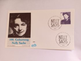 德国首日封 1991年诺贝尔文学奖获得者 作家内莉·萨克斯诞辰100周年首日封 贴德国邮票100Pfg作家内莉·萨克斯诞辰100周年 邮票 内莉·萨克斯1891-1970瑞典-德国的犹太裔诗人、剧作家和翻译家。作品主要以诗歌和戏剧为主，她的作品反映了二战期间犹太人的生活和经历，以及她对犹太人命运的思考。1966年萨克斯因在文学创作方面的杰出贡献，被授予诺贝尔文学奖。她是第一位获得此殊荣的犹太裔女性