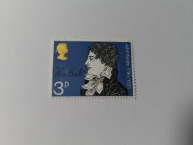 英国邮票 3p 1971年作家及签名 英国诗人约翰·济慈 新票未使用 约翰·济慈1795-1821年，19世纪初期英国诗人，浪漫派的主要成员。1815年就读于伦敦国王大学，1817年开始写作。1818年到1820年，先后完成《伊莎贝拉》《圣艾格尼丝之夜》《海壁朗》《夜莺颂》《希腊古瓮颂》《秋颂》等作品。济慈与雪莱、拜伦齐名，被推崇为欧洲浪漫主义运动的代表。