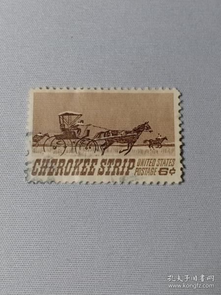 美国邮票 6c 1968年切罗基地带向移民开放75周年  移民奔向切诺基 奔跑的骏马和马车 驾驶马车奔向自由 1968年发行