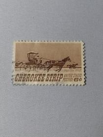 美国邮票 6c 1968年切罗基地带向移民开放75周年  移民奔向切诺基 奔跑的骏马和马车 驾驶马车奔向自由 1968年发行