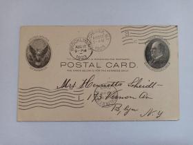 美国明信片 美国实寄明信片 1903年美国总统威廉·麦金莱明信片 美国总统威廉·麦金莱像和美国国徽鹰徽图案 盖有邮戳三枚，是介绍一封邮件的全过程。寄地戳美国纽约州罗切斯特市1903年8月17日上午7点、美国纽约州布鲁克林1903年8月17日下午9点和落地戳纽约州布鲁克林1903年8月18日上午1点30分戳 背面有原信文 威廉·麦金莱1843—1901是美国第25任（第29届）总统。