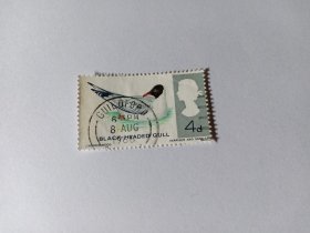 英国邮票 4d 1966年鸟 红嘴鸥 水鸽子 盖有“吉尔福德市1966年8月8日”邮戳