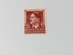 德占波兰邮票 波兰邮票 24+1zt 希特勒54岁生日 希特勒像 1944年4月20日发行 新票未使用 二战时期邮票 阿道夫·希特勒1889年4月20日-1945年4月30日，德意志第三帝国元首、总理，纳粹党党魁，第二次世界大战的发动者。但不可否认的是他是一个成功的政治家、独裁者、军事家、作家，堪比于拿破仑式的英雄
