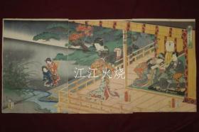 三代丰国　国久/秋の夜虫ノ音闻図　丰国画　国久画　3枚续 　浮世绘　锦绘　版画/秋夜昆虫正午图丰国绘画国久绘画 3 件浮世绘锦绘版画[版画][HSBH]