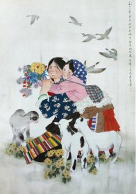 12665图书画页 李宝峰《藏家母女图》 画面尺寸20.2X22.7厘米 1页
