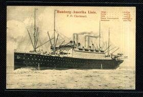 ◆ 德国老明信片实寄1914年 ---------------  辛辛那提号（Cincinnati）大邮轮  汉堡 — 美国航线