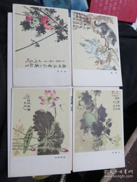 老明信片 画片：蜻蜓荷花、西红柿、东陵瓜、紫藤（4张合售 ）  B2