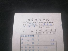 成绩单：南京师范学院1958-1959学年下学期学生成绩通知单（化学系）（社会主义思想教育+体育+俄语+有机化学+分析化学+矿物学）（1958年）