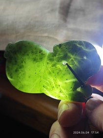 包邮【俄罗斯乌兰哈达碧玉 老料 学徒手雕 羊衔如意 玉珮】长7.7宽4.3厚0.8重68g，到手十五六年。到手时就已是老料了。学徒手雕。朴实而又富于气息。玉质细腻油润，包浆特别好。比较大相对薄一些，除了把玩，用作刮痧，自己在颈面部均能使用，一圈边已十分润滑。加了手把绳，性价比很高。加了颗圆珠。乌兰哈达碧玉就是通常讲的乌兰海碧玉。优点是质地细润，黑色矿点多，苹果绿色，玉质老熟，打灯碧绿通透清新甜美
