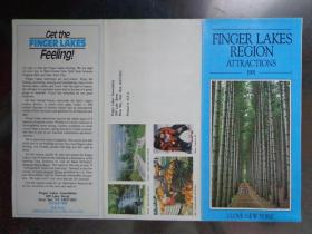 FINGER LAKES REGION ATTRACTIONS美国手指湖区景点导游图 1991年 8开折页 英文版 手指湖代表着纽约州西北部的一个多湖泊地区，由多达14条大大小小的湖泊组合而成。其中最长的一条大湖为卡尤加湖，全长61公里。手指湖区14个县旅游景点图文介绍。