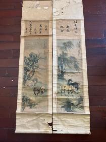 稀见民国海上著名画家戈湘岚彩印宣传画对屏《马、狗》诗堂有前人题记。民国原装裱！