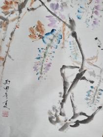 Y134-17王进勇纯手绘原创2016年花鸟画软件一幅、紫藤 、画心尺寸：69*39厘米