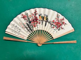 劉玉珍 古風扇 正面 花鳥畫 背面書法 整體收疊 尺寸30厘米 1-6