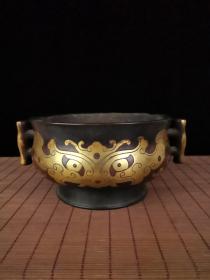 传世精品青铜饕餮纹錾刻鎏金铜炉