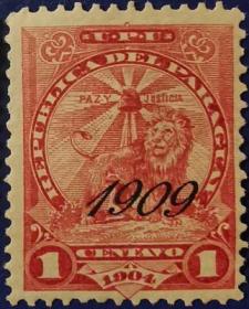 外国邮票ZA11，巴拉圭1904年雄狮子1c红加盖，自由帽动物正义和平