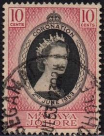 英联邦邮票，马来亚柔佛州1953年伊丽莎白二世女王加冕，信销1全6