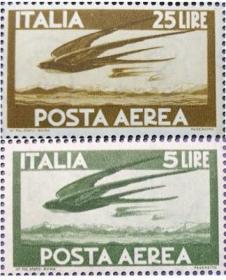 意大利邮票ZB2，1945年航空邮票飞翔的燕子，2枚不同