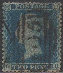 英国蓝便士邮票，1854—55年CH位置，维多利亚女王，兰斯邮戳