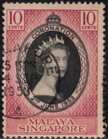 英联邦邮票，马来亚新加坡1953年伊丽莎白二世女王加冕，信销1全6
