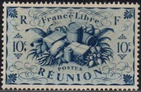 法属地邮票，法属留尼旺岛1943年水果、葡萄酒等各种产品，10c