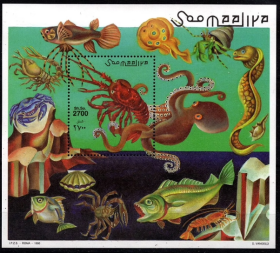 外国邮票，索马里1998年海洋动物，章鱼龙虾螃蟹海马水母，小型张