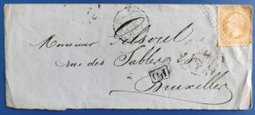 法国实寄封，1865年贴拿破仑三世邮票，巴黎邮寄至比利时布鲁塞尔