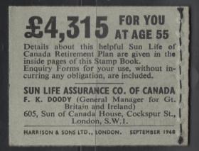 英国邮票，1968年伊丽莎白二世女王小本票加拿大阳光人寿保险广告