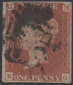 英国古典红便士邮票，1841年KG位置,维多利亚女王,马耳他十字邮戳