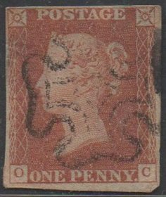 英国古典红便士邮票，1841年OC位置,维多利亚女王,马耳他十字邮戳