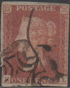 英国古典红便士邮票，1841年HL位置,维多利亚女王,马耳他十字邮戳