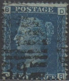 英国蓝便士邮票，1858年第14版BD位置，维多利亚女王，诺福克邮戳