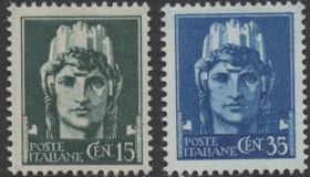 意大利邮票ZB2，1929-42年意大利女神像，2枚不同