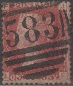 英国红便士邮票，1858-1879年第76版JF位置，诺丁汉邮戳
