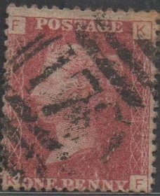 英国红便士邮票，1858-1879年第108版KF位置，彻特西邮戳
