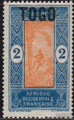 法属地邮票，法属多哥1921年达荷美爬树采椰子土著人加盖，2f
