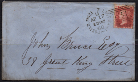 英国红便士邮票实寄封，1860年爱丁堡邮寄，罕见宣传戳