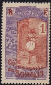 法属地邮票，索马里海岸1915-33年鼓手，民族乐器，1c背有点掲薄