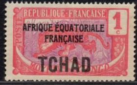 法属地邮票，法属乍得1907-22年珍稀野生动物加盖，猎豹豹子，1c
